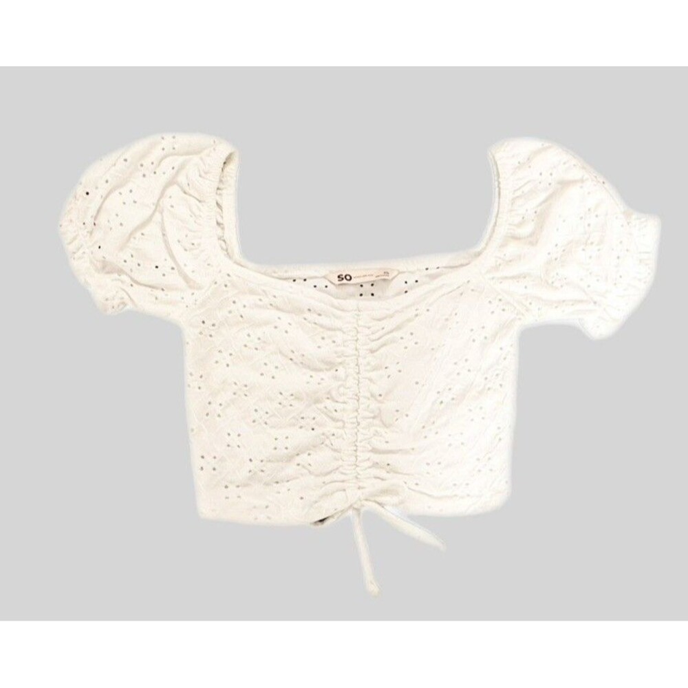 SO Womens White Eyelet Crop Top Size XS Ruched Coquette Cottagecore Milkmaid